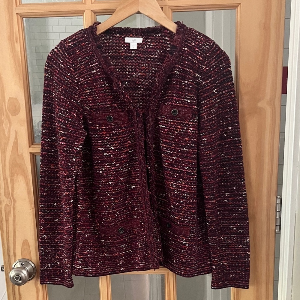 J. Jill Burgundy preppy Tweed Knit Blazer Sz XS pockets